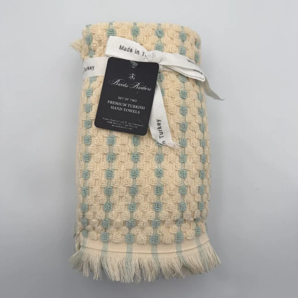 Brooks Brothers Premium Turkish Cotton Hand Towel Set of 2 Fringed Cream/Blue